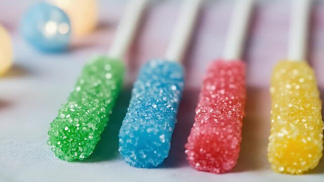 Closeup view of colorful hard candies on sticks vibrant colors and sugary crystals perfect for advertisements or editorial purposes
