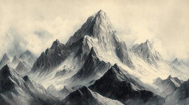 Detailed monochrome illustration of a rugged mountain range with prominent snow-capped peaks under a cloudy sky, evoking a sense of grandeur and isolation - Powered by Adobe