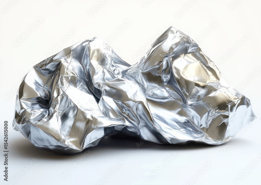 Poster a close-up view of a large, crumpled sheet of reflective silver metallic foil with intricate folds a
