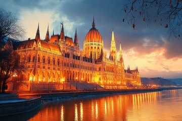 Obraz premium Large historic building with illuminated spires and dome along riverbank at sunset under cloudy sky