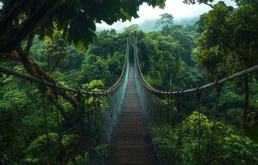 Fototapeta premium Narrow suspension bridge extending over lush green tropical forest with dense foliage and misty atmosphere