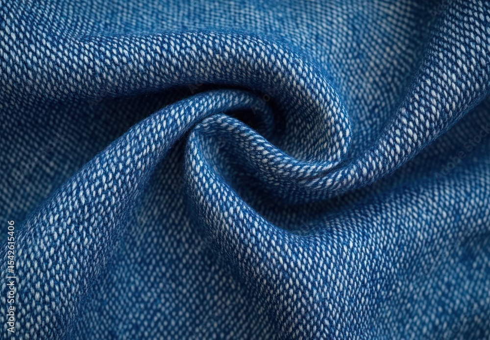 Poster close-up of twisted blue denim fabric showcasing detailed texture and fine weave pattern with rich c