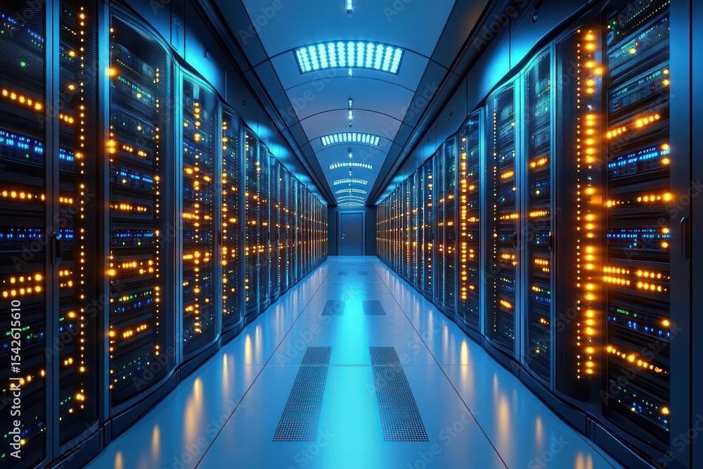 Poster long corridor of high-tech server racks with illuminated led lights in a clean, modern data center e