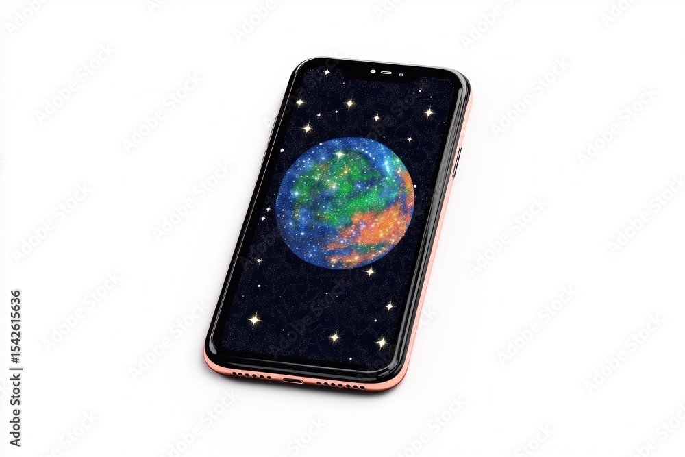 Aufkleber smartphone displaying a colorful digital image of a sparkling planet surrounded by stars on a black 
