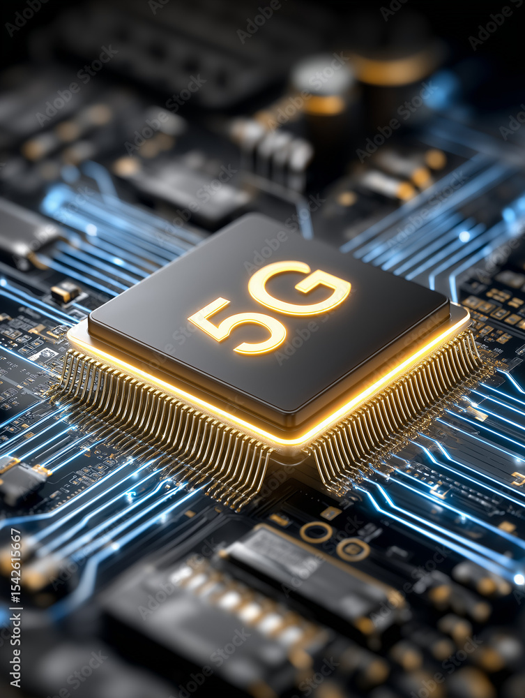 Poster 5g chipset innovation: a close-up view of a high-tech 5g chipset, showcasing the intricate circuits 