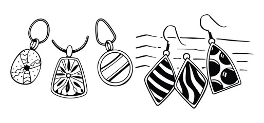 Hand drawn black and white jewelry set necklace and earrings design illustration on plain white background