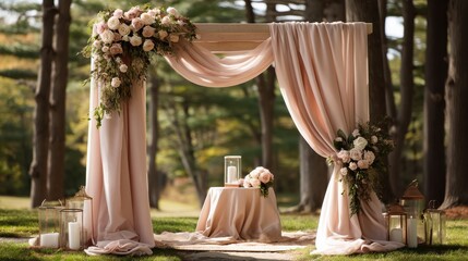 Countryside wedding setup with blush arch and cascading flowers, elegant tulle and soft natural colors