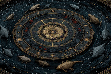Obraz premium Ancient Zodiac Wheel – Celestial Timekeeping Symbol