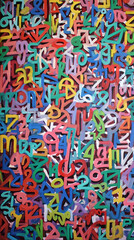 Colorful abstract painting featuring overlapping letters and numbers creating visual texture