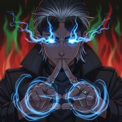 electrically charged cyberpunk warrior glowing blue energy flow with fiery red green flames