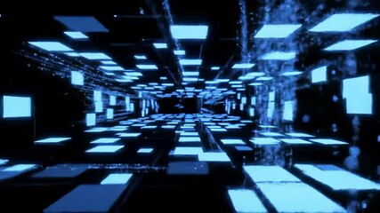 Futuristic Digital Data Tunnel with Glowing Blue Squares Representing Advanced Network Technology and Virtual Connections - Powered by Adobe