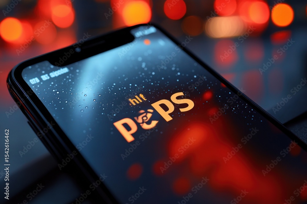 Poster close-up of a smartphone screen displaying an application logo with schematics on a blurred colorful