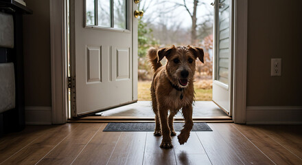 Wet Dog Enters Home Through Open Doorway, Smiling with Anticipation and Joy