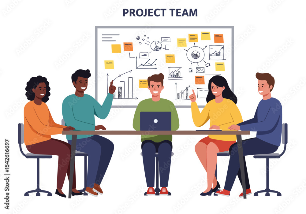 Poster a project team of five sits at a table discussing ideas with a whiteboard displaying graphs and char