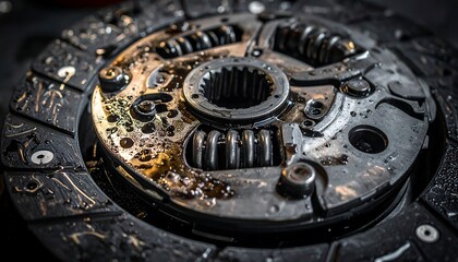 Close-up highlights a weathered, metallic clutch disc with water drops evoking grit and resilience.