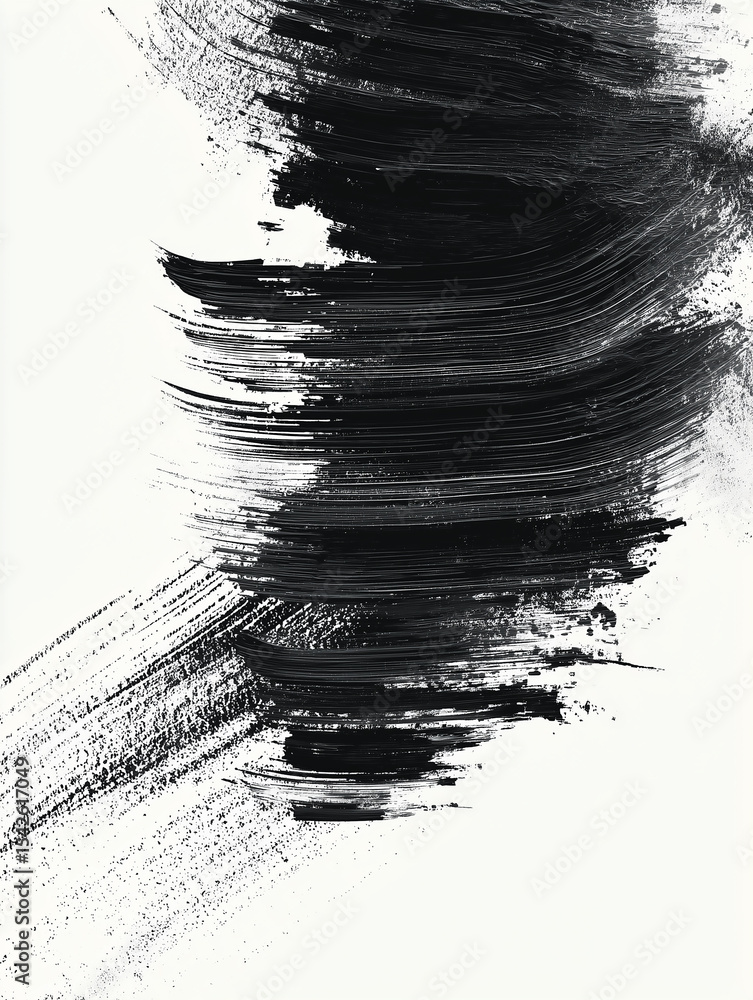 Poster black paint brush strokes creating dynamic texture on white background