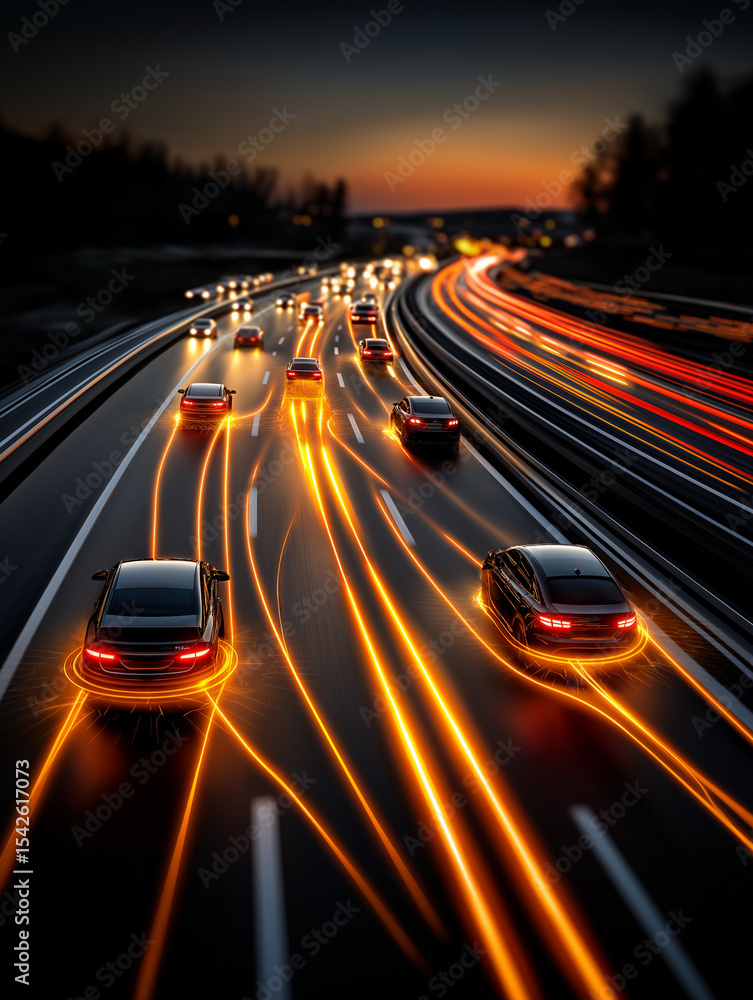 Aufkleber highway light trails: a dynamic image showcasing a highway at dusk or dawn, where vehicle lights cre