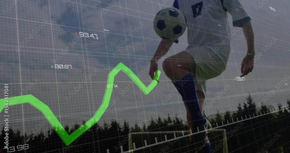 Poster soccer player tapping ball and activating sports chart overlay while juggling and mastering control