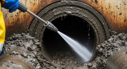A man cleaning a severely clogged sewer pipe with a high pressure water jet, showing sewage infrastructure maintenance.