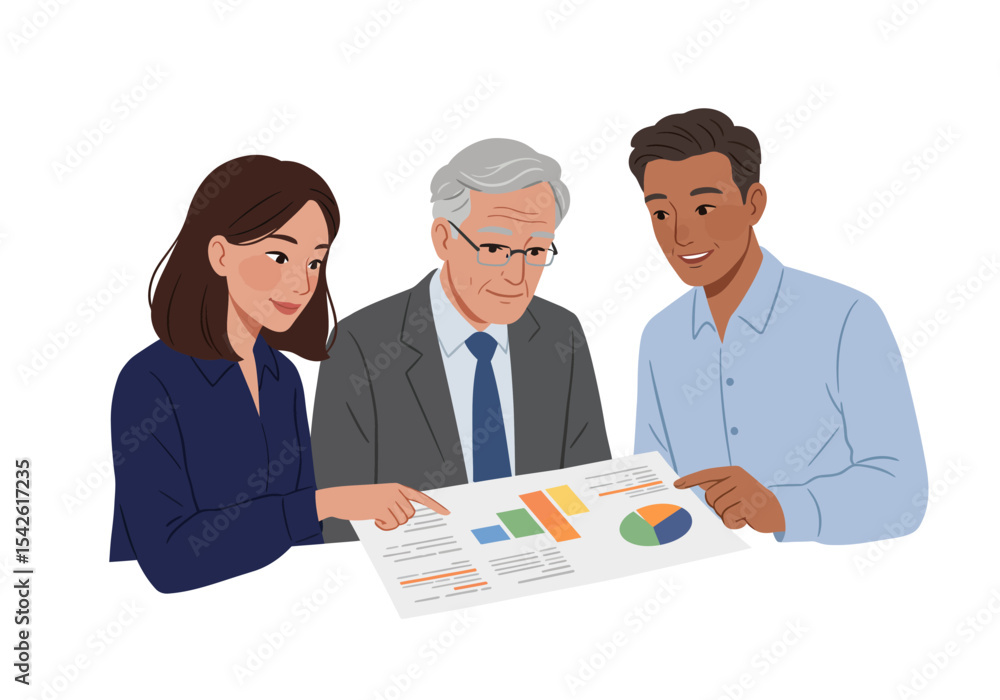 Poster three business people examine a document with charts and text pointing at the graphics