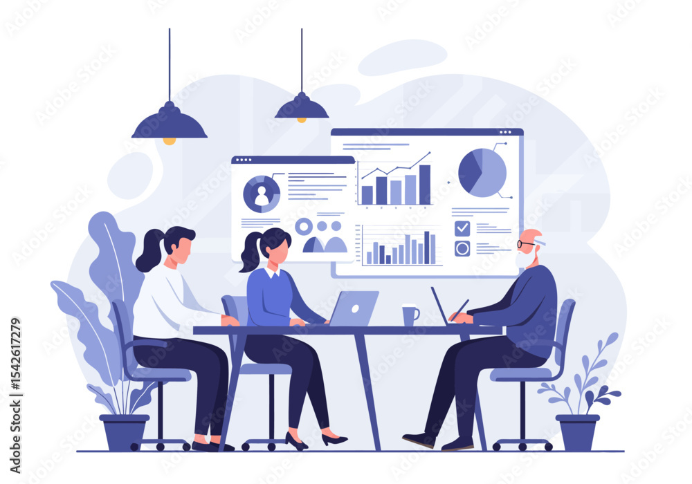 Poster three people at a desk with laptops in front of screens showing charts and graphs