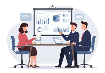 Three business people in a meeting room view data presentation charts
