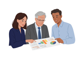Three business people examine a document with charts and text pointing at the graphics