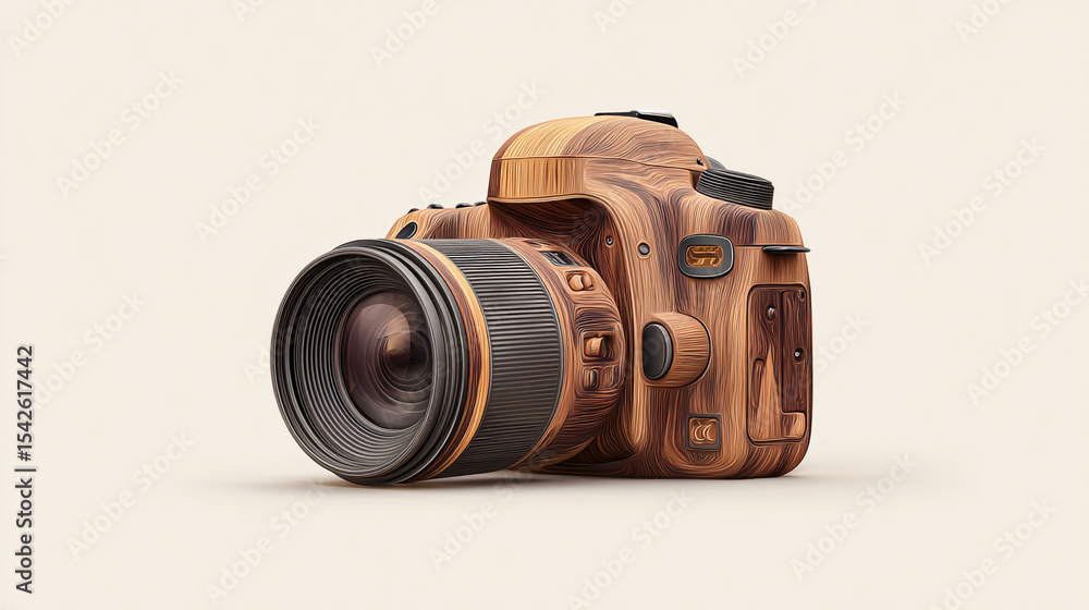 Poster close up of a wooden camera with a lens on a light background in studio setting