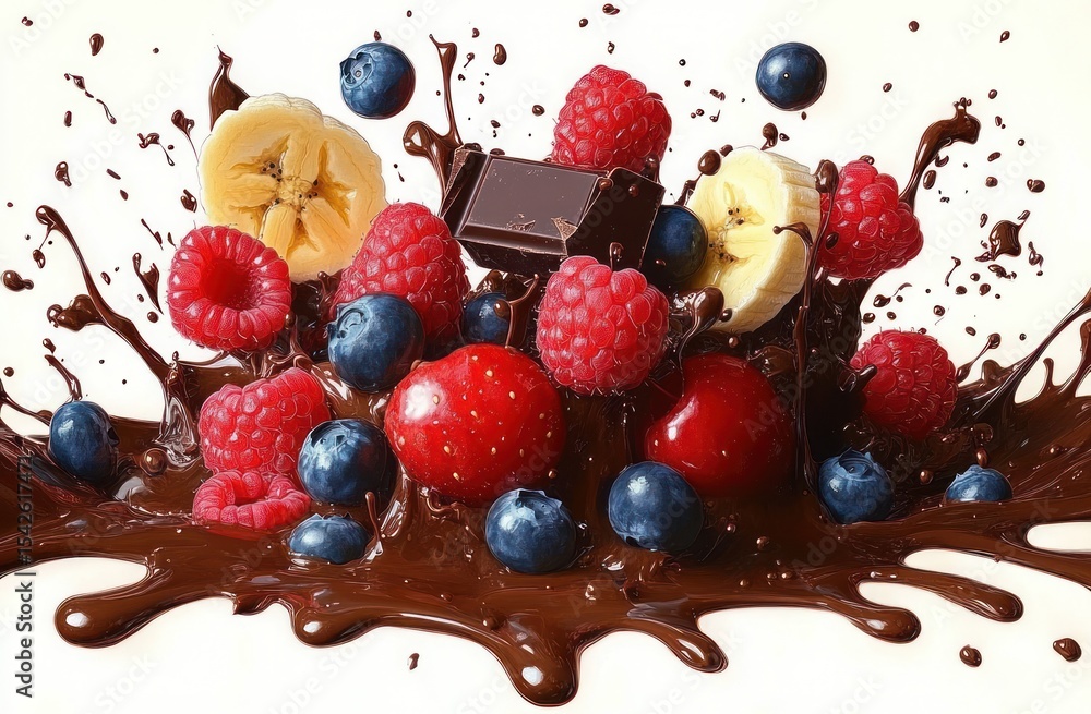 Poster fresh mixed berries and banana slices splashing into rich melted chocolate with a piece of dark choc