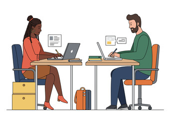 Two people work at desks with laptops papers and stationery in a simple office setting