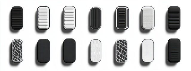 Grid of various black and white rectangular textured components arranged in rows casting soft shadows on white surface