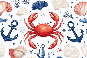Illustration of a red crab surrounded by blue anchors, various seashells, and starfish against a white background, evoking a coastal marine theme