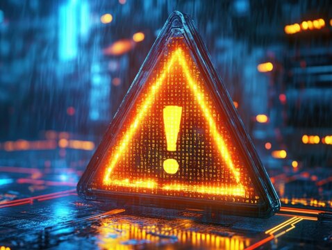 Glowing triangular warning sign with exclamation mark in rainy futuristic digital environment