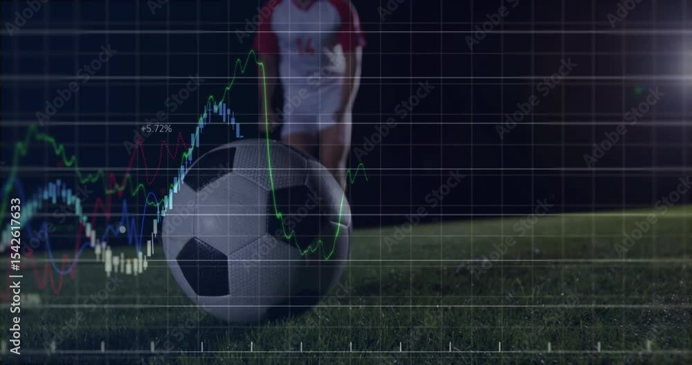 Poster data charts appearing as player stepping forward and kicking ball on field showing sports analytics
