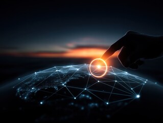 A hand touches a glowing point on a digital globe