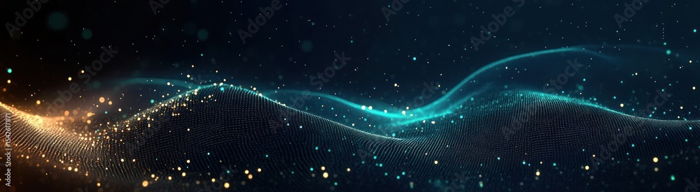 Poster abstract digital wave of glowing particles and light dots forming a smooth curved surface against a 