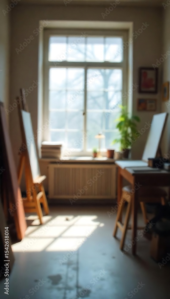 Poster generative ai a sun-drenched artist's haven with an easel and blank canvas near a window