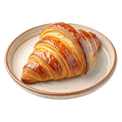 Fototapeta premium Golden flaky croissant on ceramic plate, showcasing its classic layers and buttery texture, perfect for delightful breakfast or snack