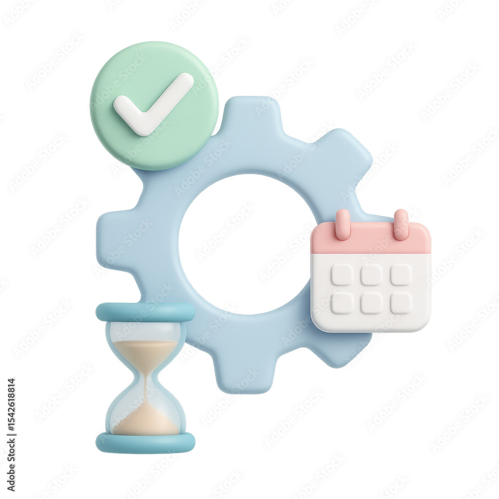 Poster time management and planning: a vibrant 3d rendering of a cogwheel paired with calendar, an hourglas