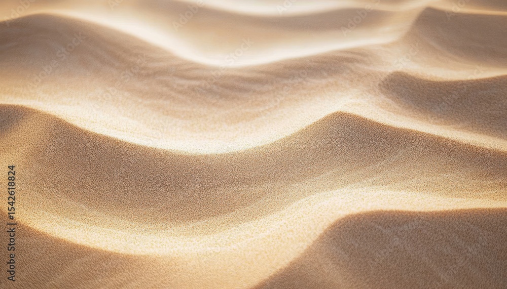 Poster close-up of sunlit sand dunes with smooth flowing ridges and fine grain texture creating gentle patt