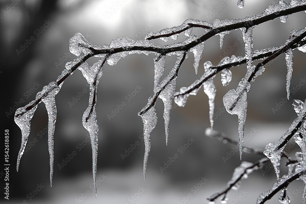 Poster close-up of tree branches covered with clear icicles and ice coating in cold winter weather with blu
