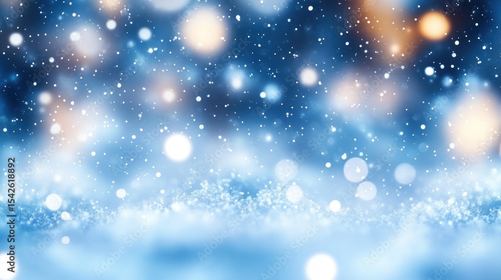 Poster soft focus image of falling snowflakes and bokeh lights creating a serene and magical winter atmosph