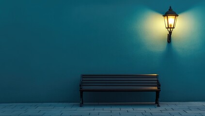 Teal wall, street lamp, park bench at night
