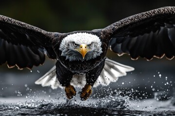 Naklejka premium Close-up of a bald eagle with wings spread wide and intense focused eyes swooping low over water creating splashes