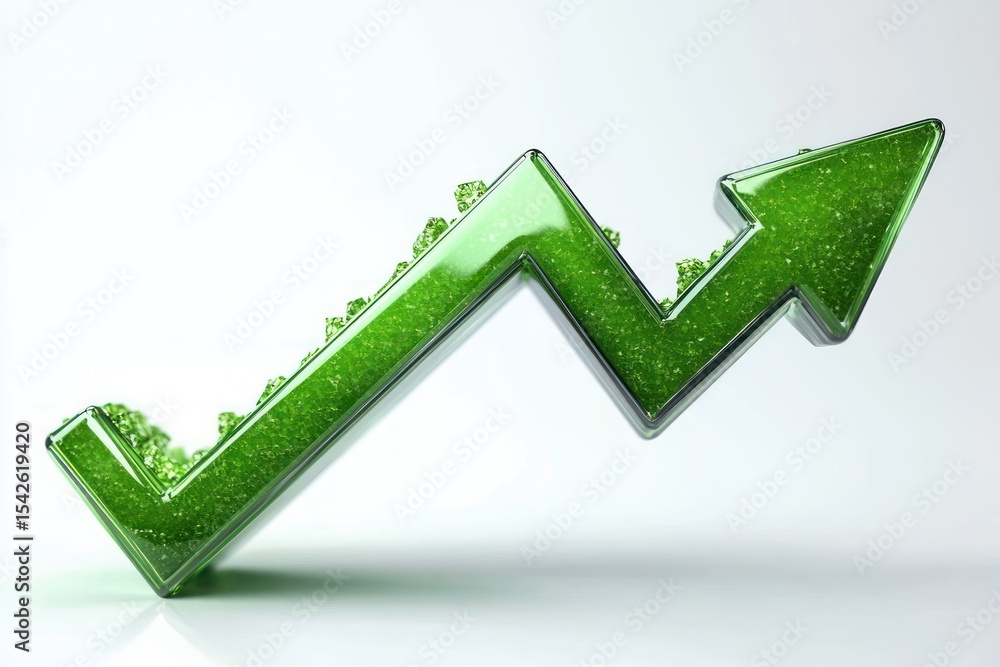 Poster green shiny arrow pointing upwards on white background symbolizing growth and progress with textured