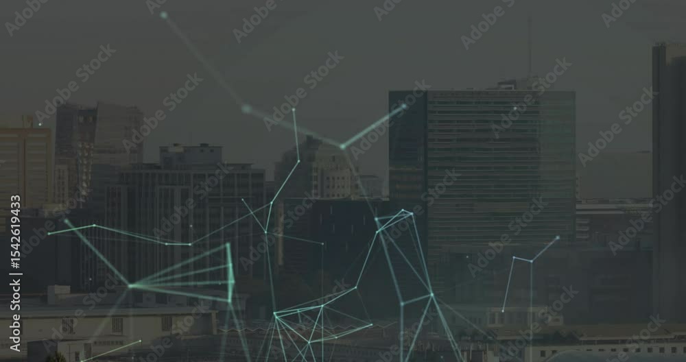 Poster on start digital overlay emerging over city skyline nodes pulsing and connecting for data viewing