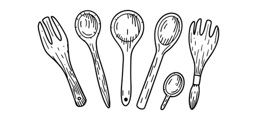 Hand drawn illustration of kitchen utensils including spoons and forks in a minimal black and white style
