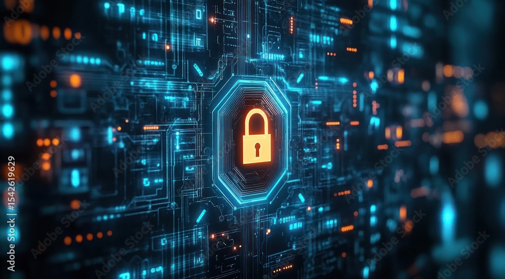Poster digital security concept showing glowing orange padlock icon surrounded by blue circuitry on dark ba