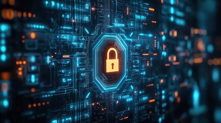 Digital security concept showing glowing orange padlock icon surrounded by blue circuitry on dark background representing data protection and cybersecurity