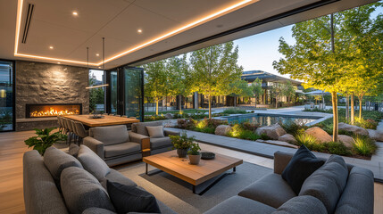 Luxury Open-Concept Living: A spacious, modern living area seamlessly blends indoor comfort with the tranquility of an outdoor oasis, featuring a stone fireplace, contemporary furnishings.